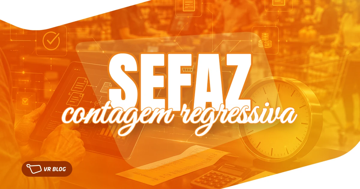 Gerente de supermercado analisando sistema de adequação à SEFAZ em tablet com indicadores fiscais, relógio e frente de caixa moderna ao fundo.
