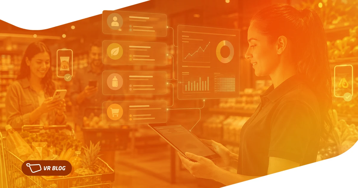 Profissional utilizando CRM para supermercados em tablet com dashboard inteligente enquanto clientes fazem compras em supermercado moderno e conectado.