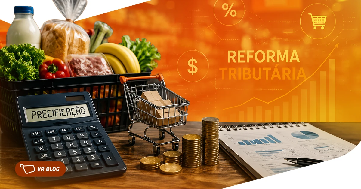 Precificação no varejo alimentar com carrinho de compras, calculadora, moedas e gráficos sobre reforma tributária